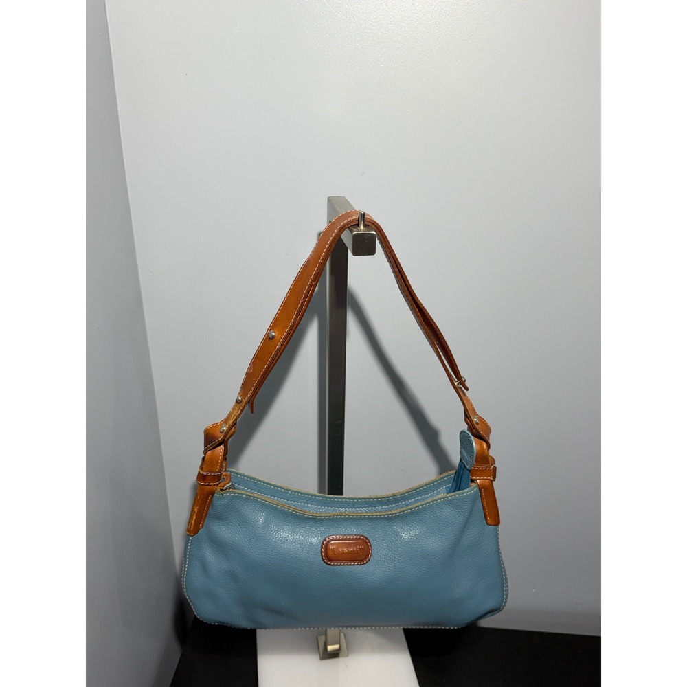 Isantini Blue Pebbled Leather Shoulder Bag Tan Trim Baguette Handbag